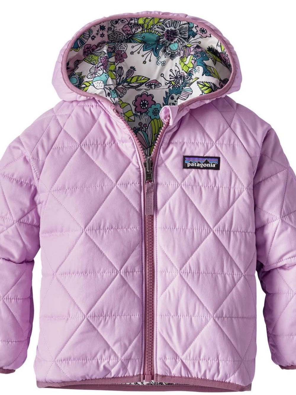 Patagonia Light Lavender Reversible Quilted Hooded Jacket with Floral Lining